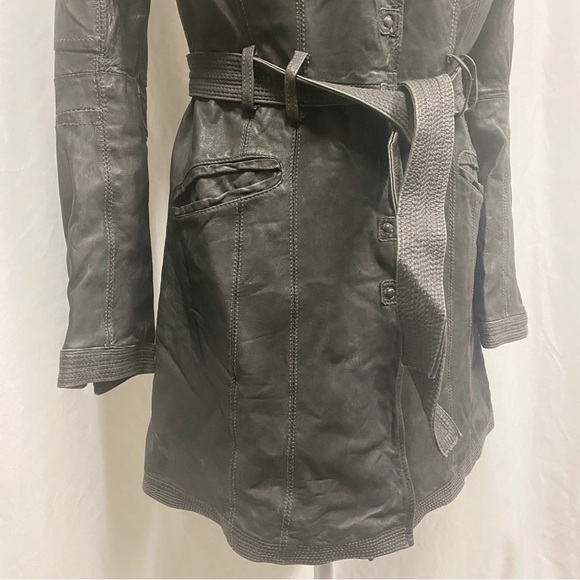 Dick & Jayne Charcoal Gray/Black Genuine Leather Belted Trench Coat - Picture 4 of 11